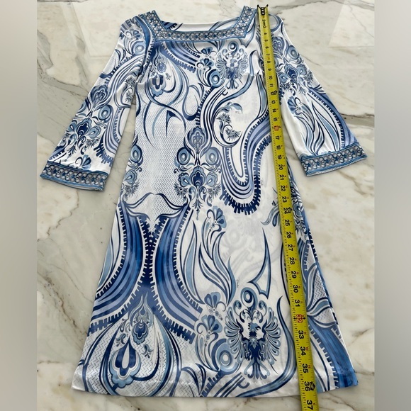 EMILIO PUCCI BLUE WHITE BELL SLEEVE SQUARE NECK DRESS SIZE IT 40 / US 6 - Picture 14 of 16